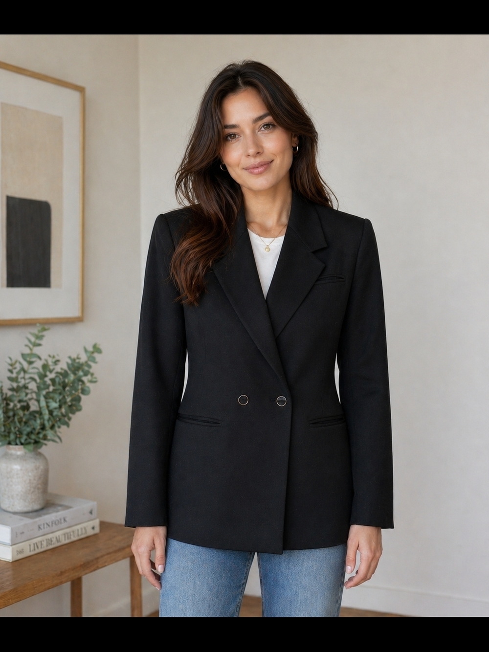 Petites by Demaro 100% Wool Black Double Breasted Blazer